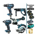 Pack makita premium 5 machines 18v 5ah: perceuse ddf482 + meuleuse dga504 + perforateur dhr202 + visseuse ...