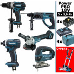 Pack makita power pro 5 outils 18v: ddf458 + dhr202 + dga504 + dtd152 + djv180 + 3 batt 5ah + 4 coffrets ...