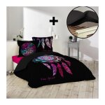 Pack parure de couette 260x240 cm ?porte bonheur? + drap - housse 160x200 cm noir