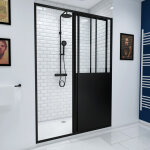 Pack porte coulissante noire mate type 'atelier' et receveur blanc effet pierre - 120x90x200 cm