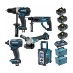 Makita - pack pro 18v 5ah: perceuse 91nm ddf458 + meuleuse 125mm dga504 + perforateur 2j dhr202 + visseuse ...
