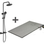 Stano. - pack receveur de douche 90 x 140 cm extra plat gris + colonne de douche thermostatique
