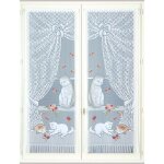 Paire de petits voilages dentelle chatons et franges bleu 60x120 cm