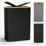 Panier � linge sale pliable, 140l panier a linge 2 compartiment, bac a linge sale avec poign�es en bambou, ...