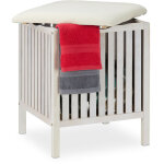 Panier  linge avec sige, tabouret de salle de bain, style rustique, 40l, bois / tissu, 53 x 41 x 41 ...