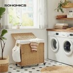 Panier � linge tiss� � la main, 140l, imitation rotin, 3 parties, sac amovible, couvercle, poign�es, ...