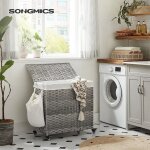 Panier  linge tiss  la main, 140l, imitation rotin, 3 parties, sac amovible, couvercle, poignes, ...