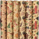 Papier cadeau no�l, 12 feuilles papier d'emballage de no�l, papier kraft emballage cadeau noel, recycl� ...