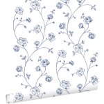 Estahome - papier peint roses en toile de jouy blanc et bleu