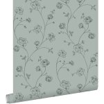 Estahome - papier peint roses en toile de jouy vert gris�