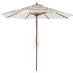 Parasol de jardin ou de terrasse � rayures beiges et blanches avec pied en bois, diam�tre 260 cm toile ...