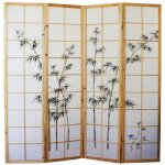 Pegane - paravent en bois et bambou coloris naturel avec dessin sombre de 4 pans Pegane - paravent en bois et bambou coloris naturel avec dessin sombre de 4 pans