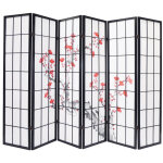 Pegane - paravent bois noir avec fleurs de cerisier de 6 pans, l264 x h176 x p2 cm