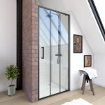 Paroi porte de douche pivotante type industriel - 80x200cm - profile noir mat - verre 6mm