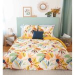 Parure de lit avec housse de couette 220x240 cm + 2 taies d'oreiller 63x63cm floral jaune 100% coton ...