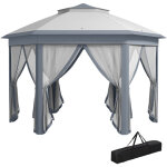 Pavillon hexagonal 4x4m avec toit ventil�, moustiquaires et toile imperm�able gris / blanc