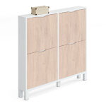 Pegane - commode meuble � chaussures 4 portes blanc brillant / effet bois - hauteur 98 x longueur 97 ...