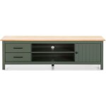 Pegane ? meuble tv en pin massif ch�ne vert ? longueur 158 cm, profondeur 40 cm, hauteur 47 cm ? 1 porte, ...