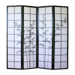 Paravent bois noir avec dessin bambou noir - 4 pans