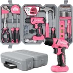 Perceuse visseuse devisseuse sans fil 8v rose - boite a outils complete avec outils de bricolage - embouts, ...