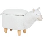 Petit tabouret pour enfant avec coffre de rangement en forme de lama en tissu coton blanc et pieds en ...