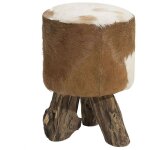 Petit tabouret rond tr�pied en cuir de ch�vre marron dor� et bois de teck kent