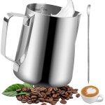 Pichet lait inox, 350ml pot � lait avec lignes de mesure et latte art pen, milk frother, pichets - mousseurs ...