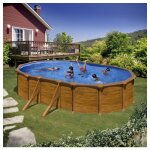 Gre - piscine ovale acier 5, 27m x 3, 27m x h: 1, 32m - imitation bois - filtration  sable - renforts ...