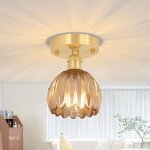 Plafonnier r�tro enti�rement en cuivre et en verre, orn� de petites fleurs ambr�es, id�al pour la chambre, ...