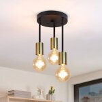Plafonnier suspendu 3 lumi�res vintage e27 noir et or avec 3 spots - lustre industriel moderne pour salle ...