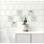 Sticker carrelage adhsif dcoratif x6, 15 cm x 15 cm, autocollant flamants roses sur tons verts trs ...
