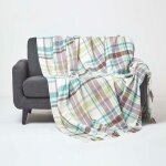 Homescapes - plaid ou jet de canap falun  carreaux verts en coton, 255 x 360 cm