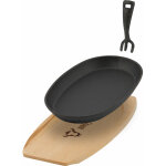 Plat de service en fonte 27 x 18 cm brut, avec planche en bois - bbq - toro Plat de service en fonte 27 x 18 cm brut, avec planche en bois - bbq - toro