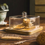 Plateau de pr�sentation en bois de manguier et cloche en verre souffl� 18x18x12cm