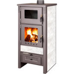 Po�le � bois 12. 0 kw avec four ? rev�tement m�tallique gris ? chambre de combustion avec pierres r�fractaires ...