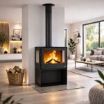 Po�le � bois 3 vitres ventil� avec range b�ches - bronpi bimba 70 3c 10 kw sans kit air