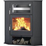 Poele a bois de coin en acier, four de face, bucher inferieur - couleur noir - made in spain