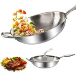 Po�le wok en acier inoxydable de 30 cm avec couvercle, �paisse, ultra durable, en titane, avec couvercle, ...