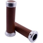 Poign�es de guidon retro brown leather - chrome scooter mobylette chopper motorcycle quad