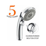 Pommeau de douche chrom� avec bouton stop douchette � main 5 jets au choix pomme de douche picots anticalaire ...