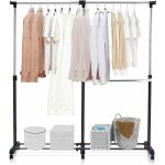 Portant a vetement 2 barres de suspension hauteurs et longuer reglables, penderie roulette avec 2 etageres, ...