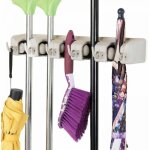 Porte balai mural accroche balai mural avec 5 emplacements et 6 crochets pour cuisine, salle de bain, ...