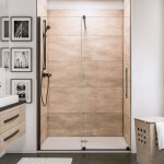 Porte de douche coulissante, verre 6 mm transparent anticalcaire, profil noir, roulettes en bas, style ...