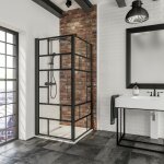 Porte de douche pivotante + paroi de retour fixe, verre 5 mm anticalcaire, style atelier industriel, ...