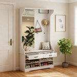 Porte manteau blanche multifonctionnelle avec miroir, crochets et tringle � v�tements, tiroirs et �tag�re ...