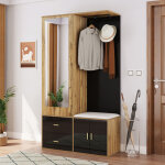 Porte - manteau avec miroir, rangement pour chaussures, banc avec pat�res et penderie escamotable, noir ...