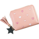 Portefeuille compact zipp� - rose - porte - cartes - pompon d�coratif - pu -