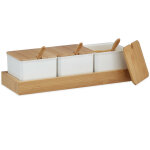 Pots � �pices, lot de 3, bocaux, cuill�re et couvercle, plastique, bambou, sucrier sur plateau, cuisine, ...