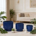 Pot de fleurs en c�ramique bleu brillant avec trou de drainage, r�sistant aux intemp�ries, pour int�rieur ...