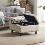 Pouf coffre carr� grand format avec couvercle relevable, banc de rangement rembourr� beige, id�al salon, ...